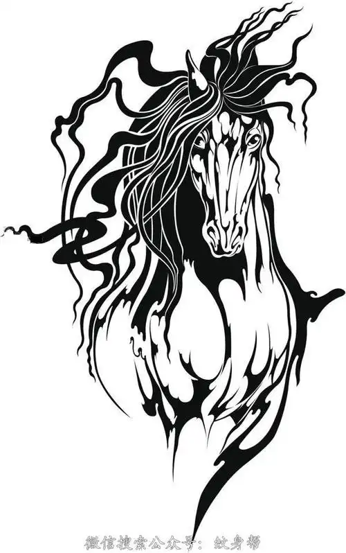 黑色线条素描霸气奔腾中的马动物纹身手稿